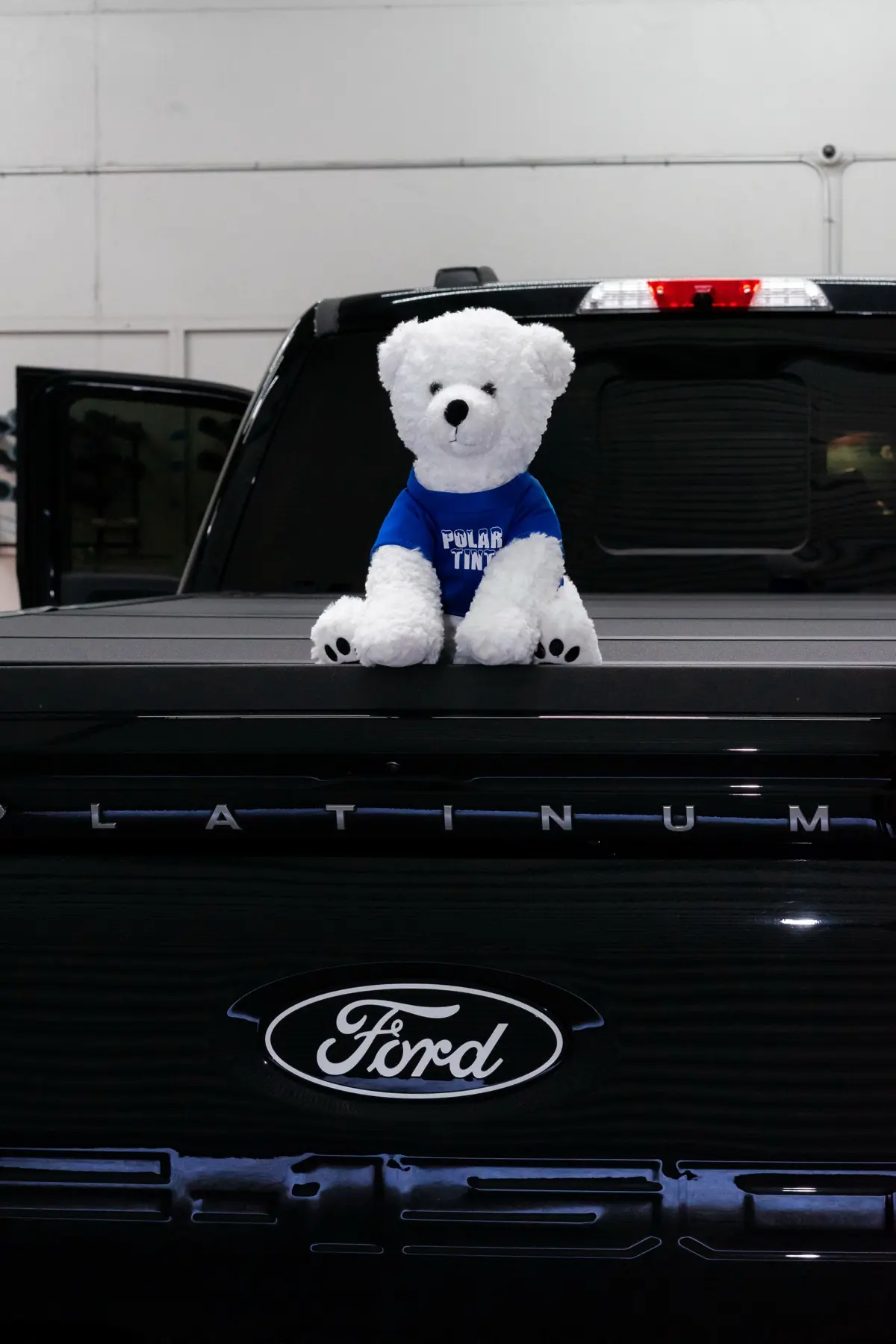 Snowball the Polar Tint mascot on a branded Polar Tint truck